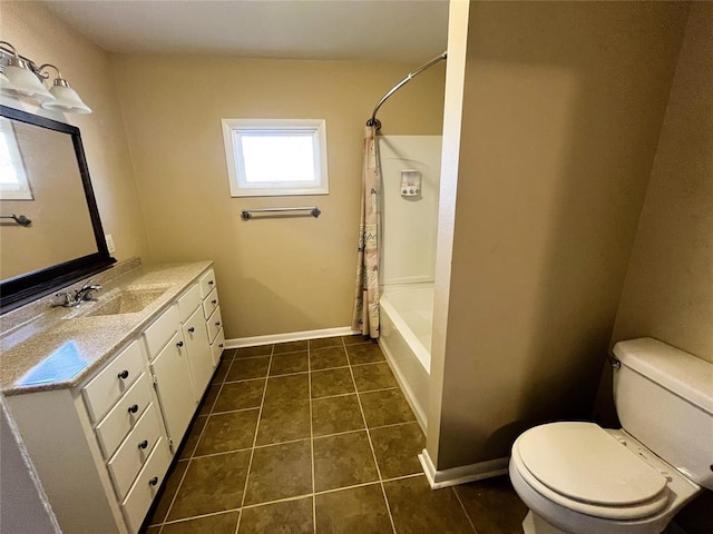 full bathroom with tile patterned flooring, vanity, toilet, and shower / bathtub combination with curtain