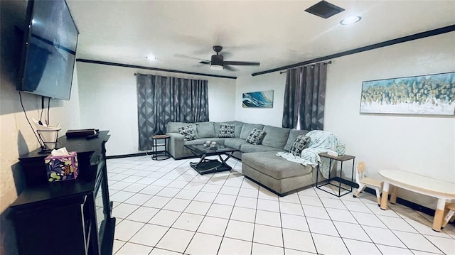 living room with ceiling fan and crown molding