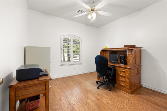 office with baseboards, visible vents, ceiling fan, and light wood finished floors