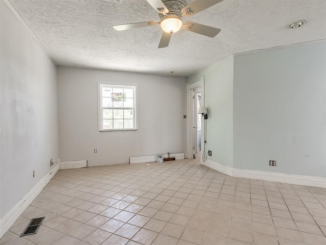 unfurnished room with a textured ceiling, ceiling fan, light tile patterned floors, and ornamental molding