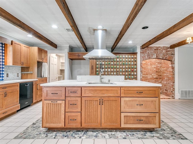 kitchen with light tile patterned flooring, brick wall, black dishwasher, and a center island