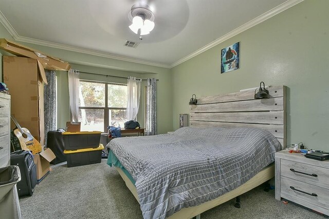 7301 Morning Song Dr, Oklahoma City, OK 73150 - carpeted bedroom with crown molding and ceiling fan