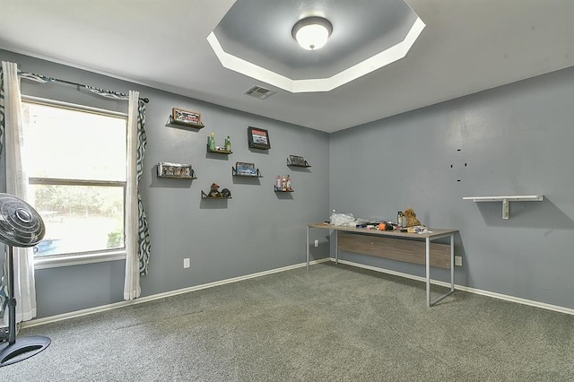 misc room featuring carpet floors and a tray ceiling