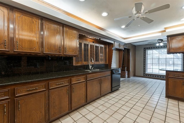 kitchen with decorative backsplash, black dishwasher, ornamental molding, and sink