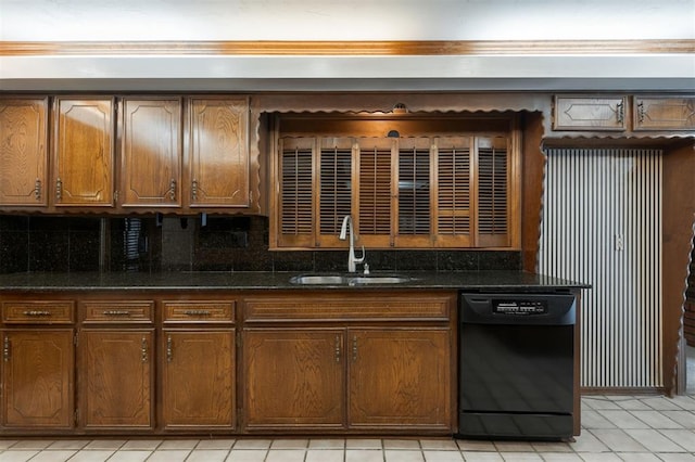 kitchen with dishwasher, sink, dark stone counters, and tasteful backsplash