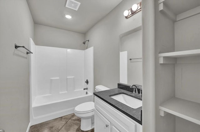 full bathroom with toilet, bathtub / shower combination, vanity, and tile patterned floors