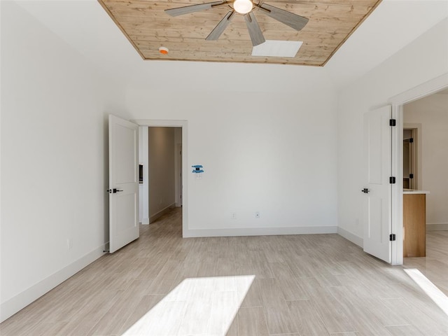 spare room featuring ceiling fan, wood ceiling, and light hardwood / wood-style floors