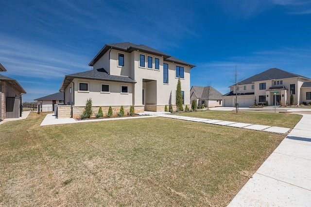 2009 Wiregrass Dr, Edmond, OK 73025 - prairie-style home featuring stucco siding, stone siding, driveway, a garage, and roof with shingles