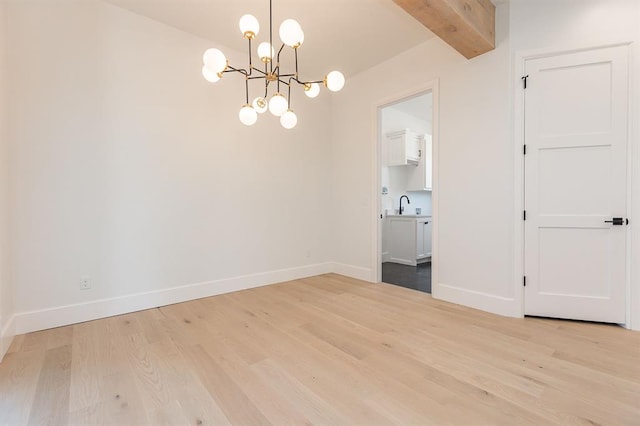 unfurnished dining area featuring a notable chandelier, beam ceiling, sink, and light hardwood / wood-style flooring