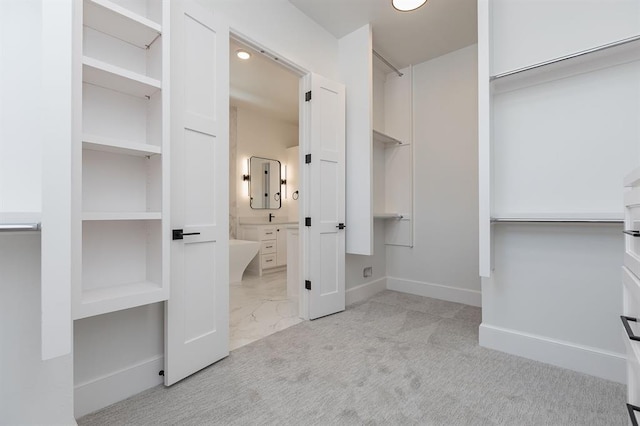 walk in closet featuring light carpet