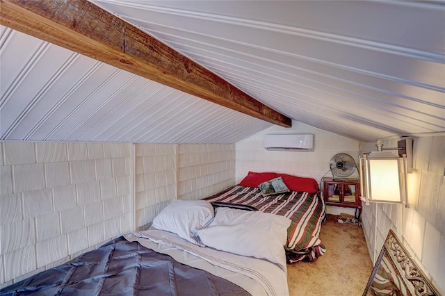 bedroom featuring a wall mounted air conditioner, lofted ceiling with beams, carpet floors, and wooden walls