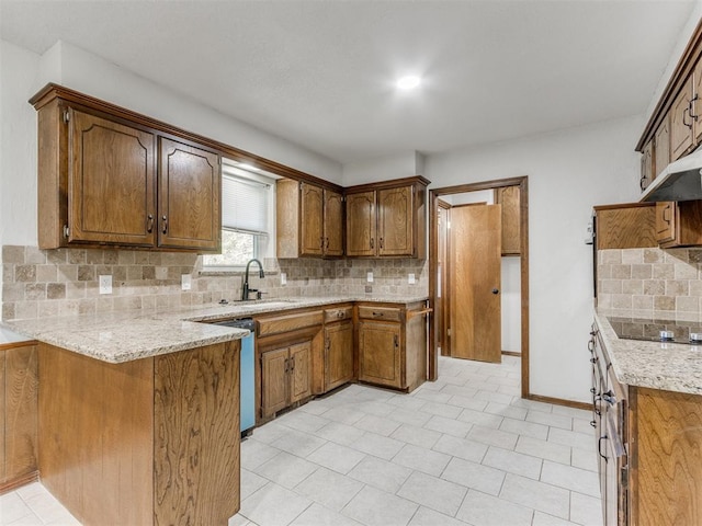 kitchen with black electric cooktop, decorative backsplash, sink, and stainless steel dishwasher