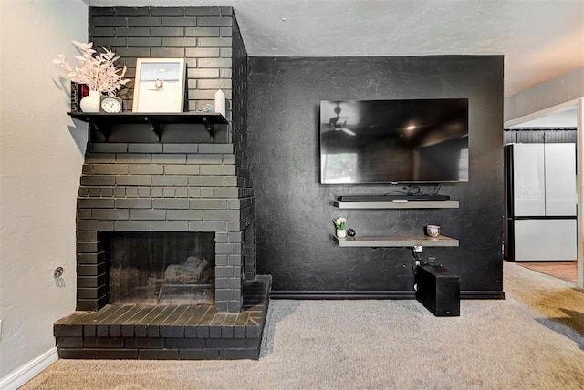 carpeted living room featuring a brick fireplace