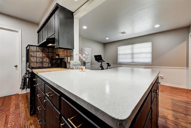 kitchen featuring tasteful backsplash, range with electric cooktop, a center island, and wood-type flooring