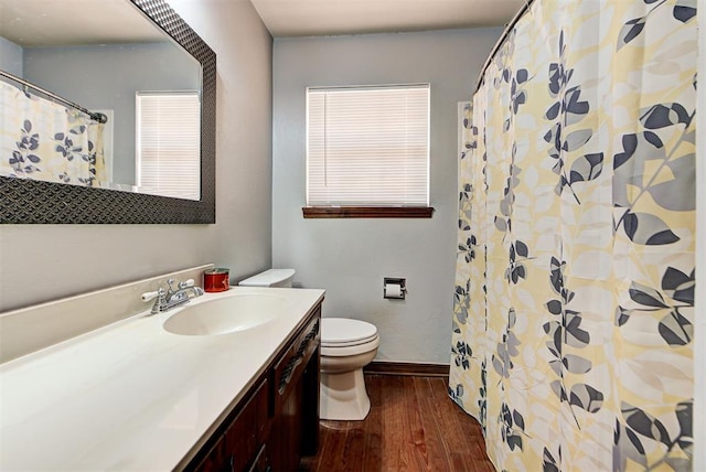 bathroom with hardwood / wood-style floors, vanity, and toilet