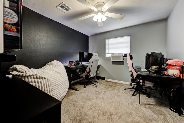 office featuring ceiling fan, cooling unit, and light colored carpet