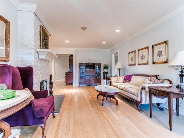 living room featuring ornamental molding, a fireplace, and light hardwood / wood-style flooring