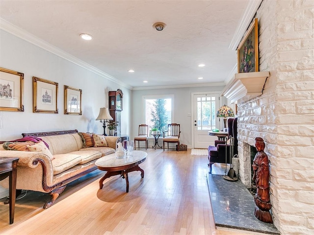 living room with a large fireplace, ornamental molding, and hardwood / wood-style floors