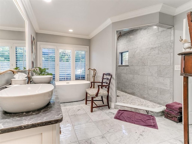 bathroom with walk in shower, a freestanding tub, a healthy amount of sunlight, and crown molding