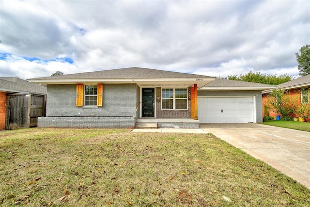 ranch-style home with a front lawn and a garage