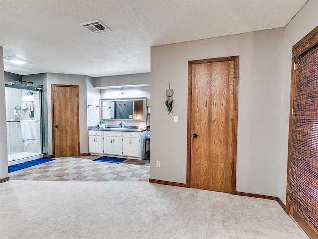 interior space with sink, a textured ceiling, and light carpet