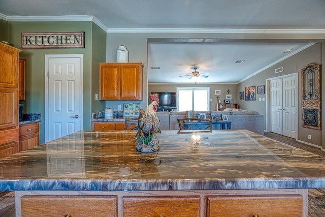 kitchen featuring ornamental molding, vaulted ceiling, ceiling fan, and a spacious island