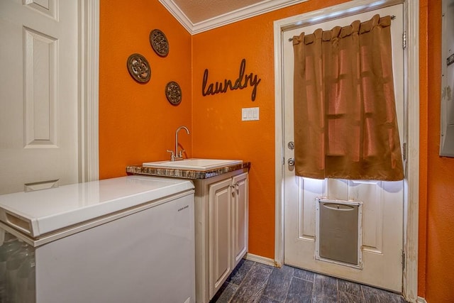 washroom featuring dark hardwood / wood-style floors, ornamental molding, and sink