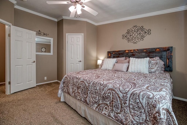 bedroom featuring carpet flooring, ceiling fan, and ornamental molding