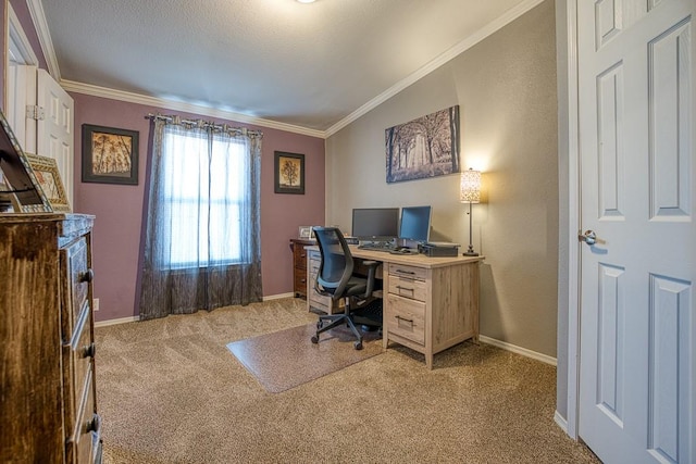 office with light carpet, a textured ceiling, crown molding, and lofted ceiling