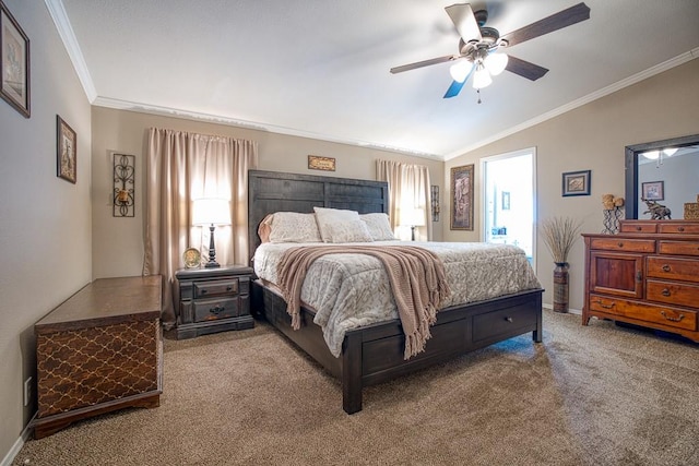 bedroom with light colored carpet, vaulted ceiling, ceiling fan, and crown molding