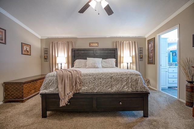 carpeted bedroom featuring ceiling fan, ornamental molding, and connected bathroom