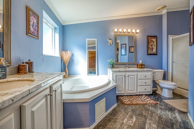 bathroom with independent shower and bath, vanity, ornamental molding, and hardwood / wood-style flooring