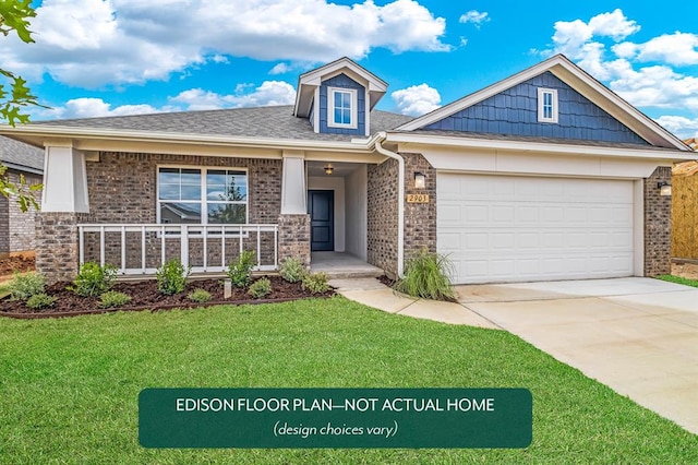 view of front of house featuring a front lawn, a porch, and a garage