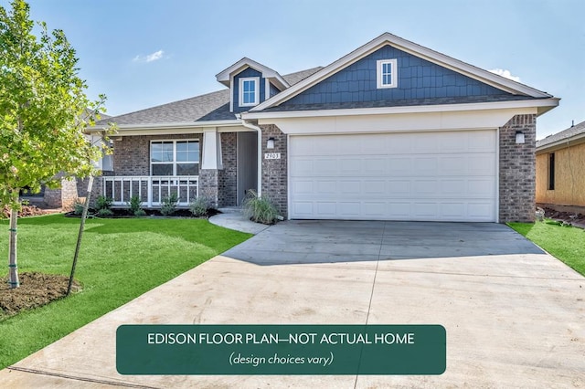 craftsman inspired home with a front yard, a porch, and a garage