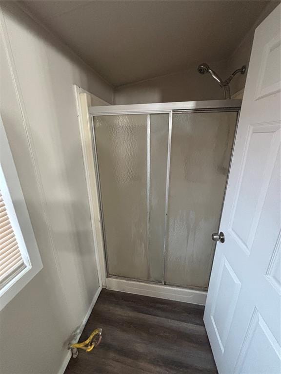 bathroom featuring wood-type flooring and a shower with door