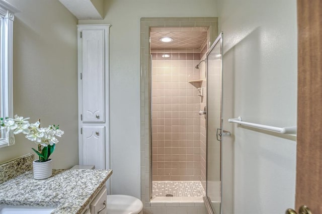 bathroom with a stall shower, vanity, and toilet