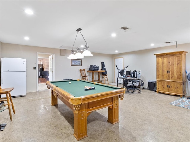 game room with billiards, recessed lighting, and visible vents