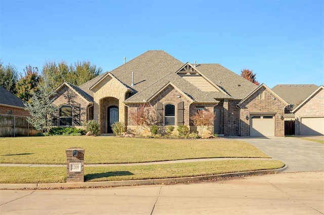 french country style house with fence, concrete driveway, an attached garage, a front yard, and brick siding