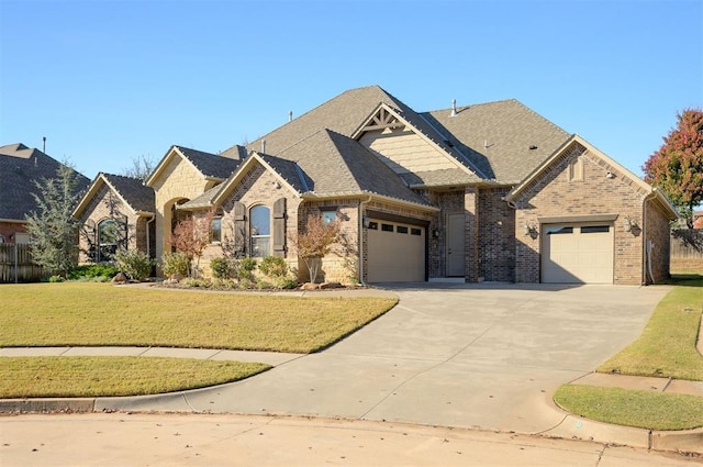 view of front facade featuring a front yard, driveway, roof with shingles, an attached garage, and brick siding