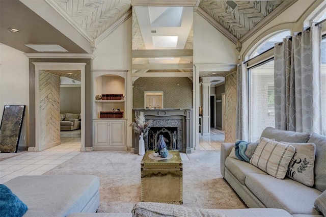 tiled living room featuring built in shelves, high vaulted ceiling, and ornamental molding