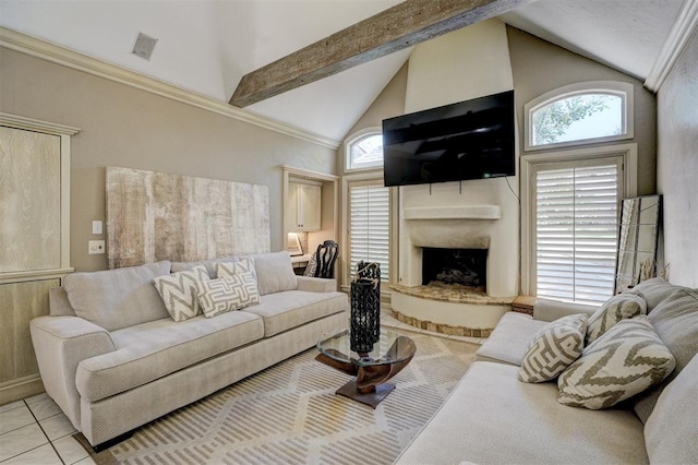 living room with beamed ceiling, high vaulted ceiling, light tile patterned floors, and a wealth of natural light