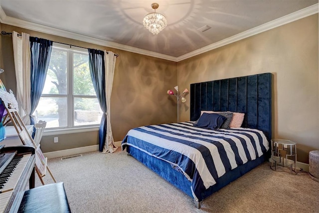 bedroom featuring an inviting chandelier, carpet, and ornamental molding