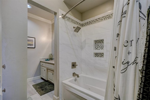 bathroom with vanity and shower / bath combo