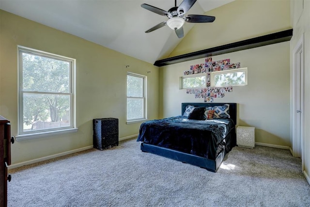 bedroom featuring carpet flooring, multiple windows, lofted ceiling, and ceiling fan