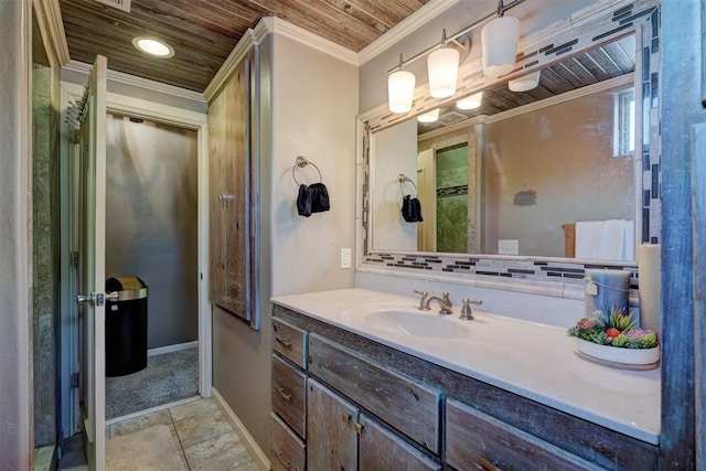 bathroom with vanity, wooden ceiling, a shower with curtain, crown molding, and tile patterned flooring