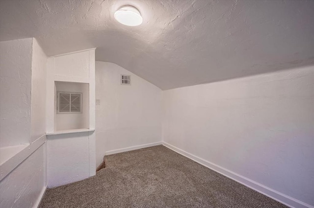 additional living space featuring carpet flooring, a textured ceiling, and vaulted ceiling