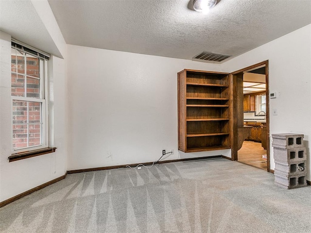 unfurnished room with carpet and a textured ceiling