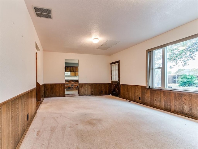 carpeted empty room featuring wooden walls and a textured ceiling