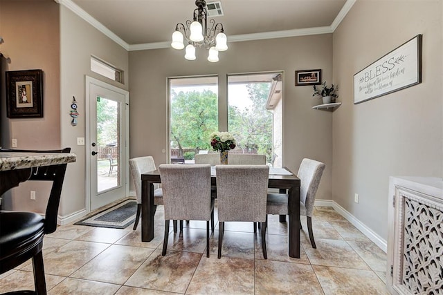 dining area with a notable chandelier, light tile patterned flooring, and crown molding