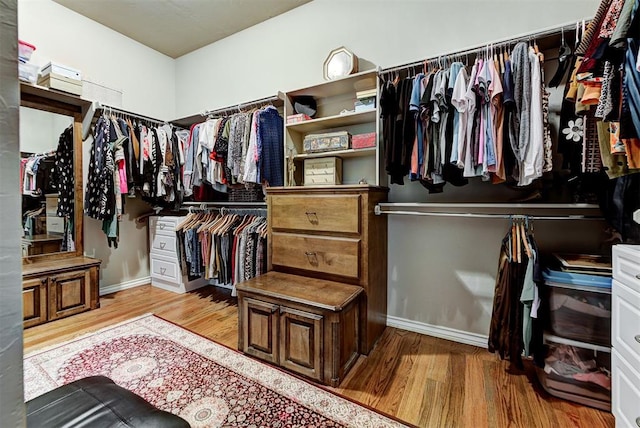 walk in closet with wood finished floors